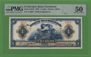EL SALVADOR 1 COLON 1920 ( RARE ) PICK # S 191a PMG 50 ABOUT UNCIRCULATED. - Picture 1 of 8