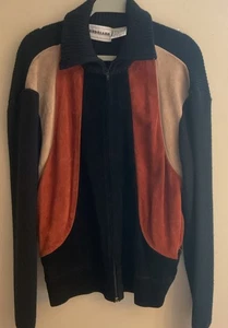 Vintage Suede Cardigan Sweater Color block XL Full Zip Black Brown 70s - Picture 1 of 10