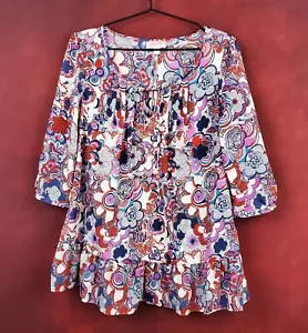 Liberty of London 3/4 Sleeve Blouse M Colorful Floral Swing Hem Pleats & Ruffle - Picture 1 of 8
