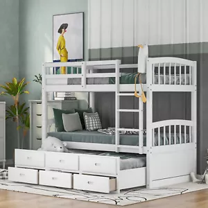 Modern Wood Bed Frame Twin over Twin Wood Bunk Bed with Trundle & Drawers White - Picture 1 of 9