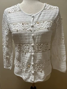 Michael Simon S/M Ivory White Lace Button 3/4 Sleeve Cotton Cardigan Seashells - Picture 1 of 19