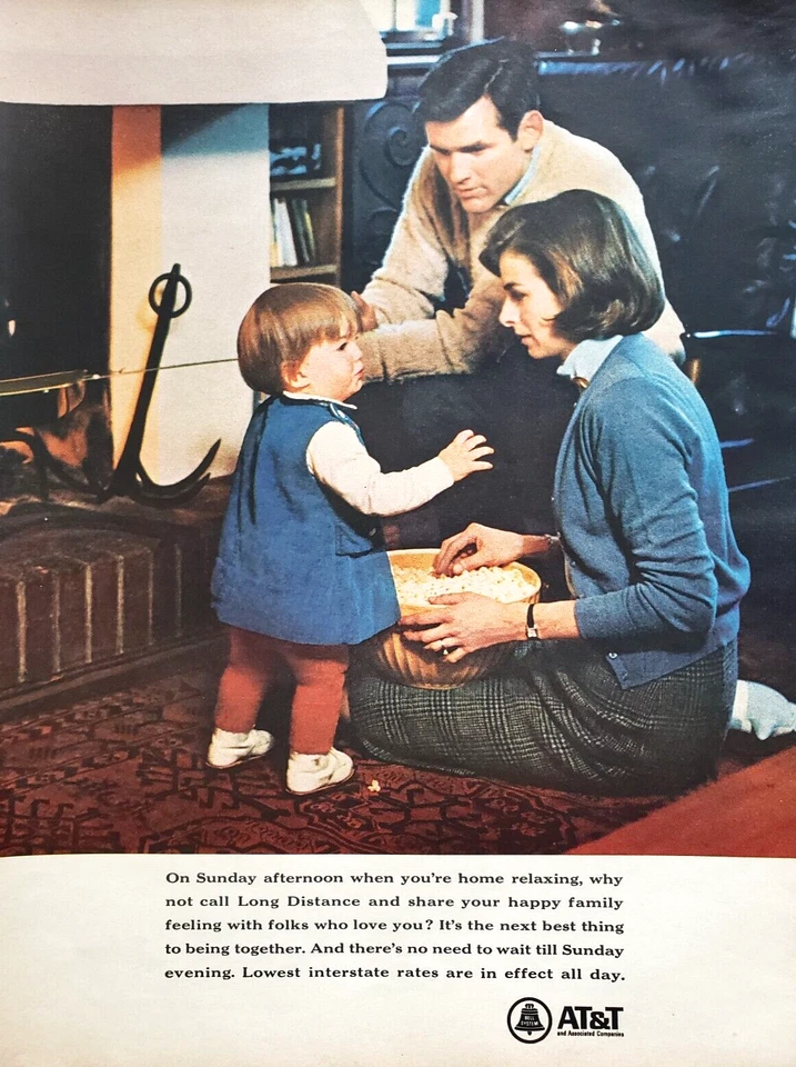 PRINT AD AT&T Long Distance 1967 10x12.5 Sunday Low Rates Couple Toddler - Image 1 of 1