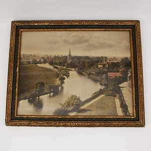Vtg 1909 Hand Colored Photo/Print Landscape City Church River Gold Gilt Frame - Picture 1 of 11