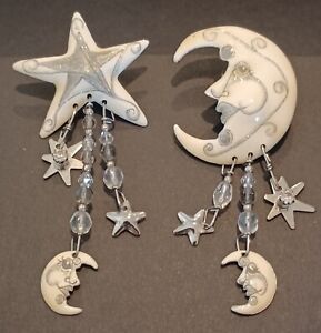 RETIRED VINTAGE LUNCH AT THE RITZ WHITE/SILVER MOON & STARS DANGLE POST EARRINGS