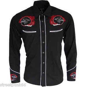 Camisa bordada Relco negra roja rockabilly ciclista occidental vaquero calavera llama - Imagen 1 de 3