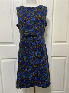 REVIVAL Brown & Blue Rose Floral Stretch Cotton Sleeveless Dress ~ Size 14 - Picture 1 of 13