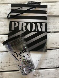 Prom Double Walled Clear Plastic Cup With Glitter. with Lid, Straw, And Bracelet