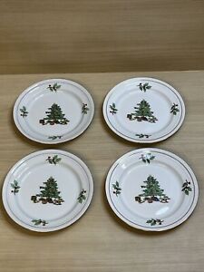 Holiday Hostess Christmas Salad Plates 8 1/4" Set of 4 Gold Rim Christmas Tree