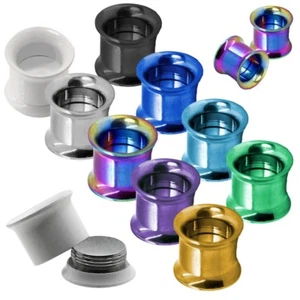 1 Pair or 2 Sets Double Flared Tunnel Plug Steel Piercing Stretch Black Silver - Picture 1 of 9