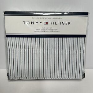 Tommy Hilfiger Home Striped White Blue Twin Sheet Set Easy Care 60/40 Blend New