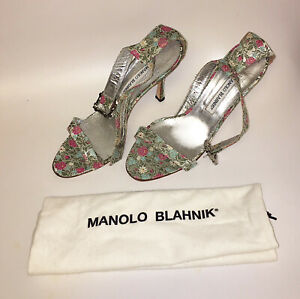 MANOLO BLAHNIK Brocade Jaquard Embroidered Floral Ankle Strap 38.5 BRAND NEW
