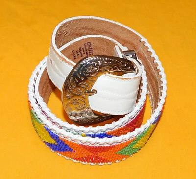 OMEGA WHITE LEATHER WITH MULTI COLOR BEADS DESIGN BELT SIZE M - 34/85cm..  - Image 1 of 4