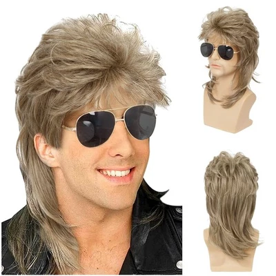 Herren Vokuhila Perücke blond gelockt 70er 80er Halloween Kostüme Punk Rocker...