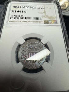 1864 2 Cent Large Motto MS64 BN NGC Blue Toning! Stunning Coin! - Picture 1 of 10