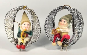 Vintage Shiny Brite Pinecone Celluloid Pixie Elf Ornaments Tinsel Mesh Chenille - Picture 1 of 8