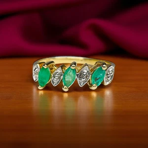VINTAGE- 10K Gold - Natural Colombian Emerald Diamond Ring -sz 6 -Marquise -1.7g - Picture 1 of 24