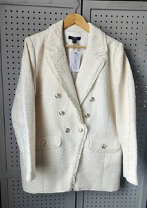 NWT DENNIS BASSO TWEED NOTCHED LAPEL JACKET WITH FRAY, IVORY, 16R - Picture 1 of 4