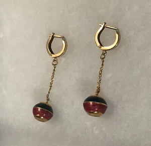 FABULOUS RED & GREEN ENAMEL BALL DANGLE DROP EARRINGS 14/18K GOLD - Picture 1 of 7