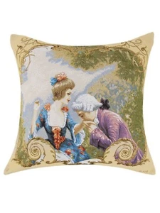 Old World Couple Lesson of Etiquette Cream Tapestry Cushion Cover Boucher Style - Picture 1 of 3