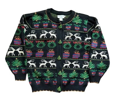Suéter vintage loft feminino cardigã de Natal suéter M botões de árvore de Natal feio - Imagem 1 de 4