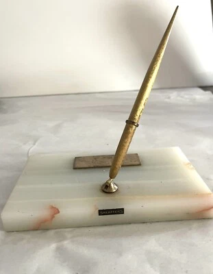 Pluma estilográfica Sheaffer vintage color dorado y base de soporte de mármol hecha en EE. UU. Foto 1 de 4