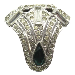 Art Deco Vintage Strass Kleiderclip grüner Stein klar - Bild 1 von 2