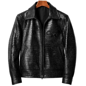 Men’s Black Crocodile Pattern Leather Jacket 100% Real Luxury Zip-Up Jacket - Picture 1 of 10