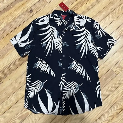 NWT GUESS Mens Slim Fit Short Sleeve Button Up Shirt Blue Floral Leaf Size Large - Image 1 of 4