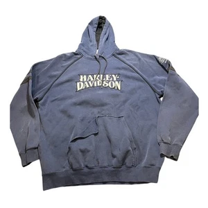 Vintage 90s Y2K Harley Davidson Embroidered Hoodie Distressed Navy Blue XL - Bild 1 von 8