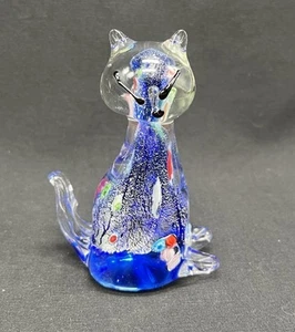 MURANO GLASS CAT FIGURINE OR PAPERWEIGHT Silver Argento Blue Millefiori 4.5” - Picture 1 of 6