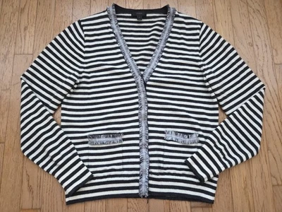 J Crew Black White Striped Harlow Fringe Wool Cardigan Sweater Size L V Neck - Image 1 of 4