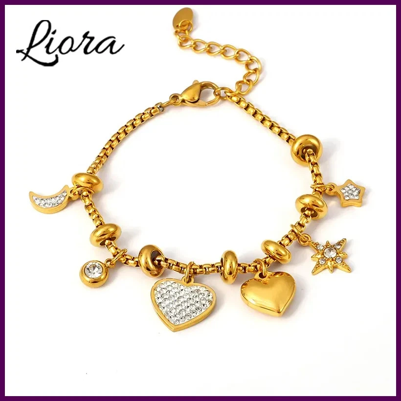 Liora Herz Mond Stern Tropfen Anhänger Damen Edelstahl Armbänder Zirkon - Bild 1 von 4