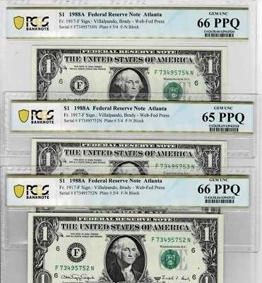 1988A $1 Federal Reserve'WEB'(3 Consecutive)notes-fr.1917-F (FN 5/4)-PCGS 66 PPQ - Image 1 of 4