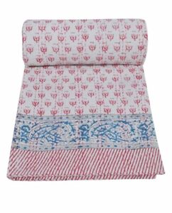Indian Handmade Cotton Kantha Quilt Block Print Bedspread Reversible Blanket