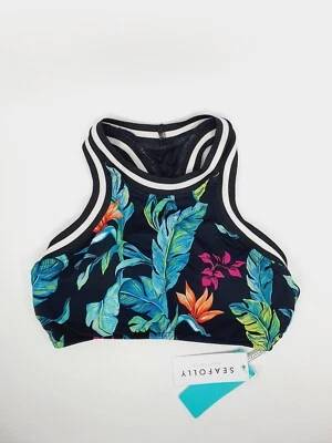 Seafolly Jungle Out There Ladies Black Floral Leaf Print Padded Crop Top UK 8 XS - Image 1 of 4