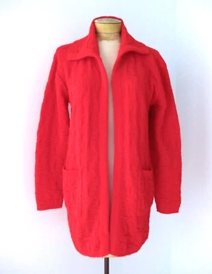 Cárdigan largo abierto con textura geométrica roja de colección años 60 70 plumero suéter bolsillos S Foto 1 de 4