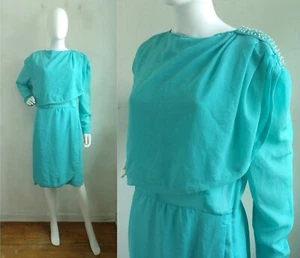 Vintage Dress 1980s Aqua Long Sleeve Knee Length Handmade Special Occasion Large - Picture 1 of 7