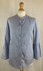 Blusa Boden para mujer azul blanco a rayas con volantes manga campana 3/4 botón UK10 116 - Imagen 1 de 11
