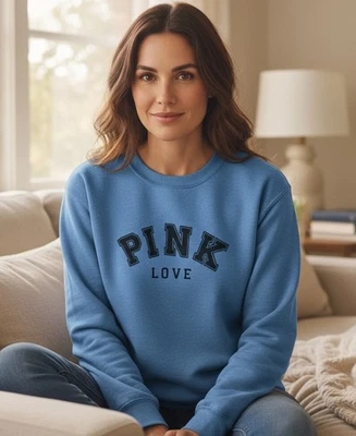 Pink Love Victoria’s Secret Pullover Sweatshirt Womens Sz Med Blue Cotton Blend - Image 1 of 4