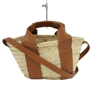 Chloe Basket 2-Way Handbag Raffia Leather Brown CHC23SS304 Women's Auth - Picture 1 of 8