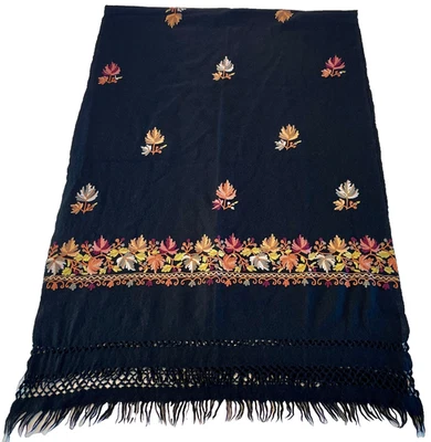 VTG INDIA KASHMIR EXCLUSIVE Mantón de lana 100% bordado floral con flecos a mano Foto 1 de 4