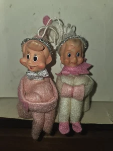 2 Pixie Elf Knee Hugger Figures Christmas Ornament Pink & White 8" - Picture 1 of 6