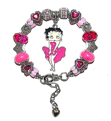 Браслет Betty Boop ярко-розовый малыш с европейскими бусинами и подвесками кристаллами, сердцами - Изображение 1 из 4