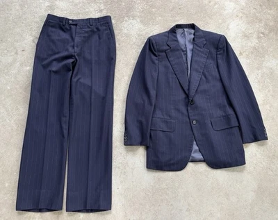 VTG 70s Men’s 2pc Navy Wool Flannel Pinstriped Suit 37R 28x30 Flat Front Italy - Image 1 of 4