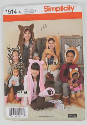 Simplicity Pattern 1514 Matching Child's & 18" Doll Animal Winter/Costume Hats - Image 1 of 3