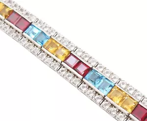 925 Sterling Silver Vintage Bracelet Square Cut Multi Color Topaz BT10738 - Picture 1 of 10