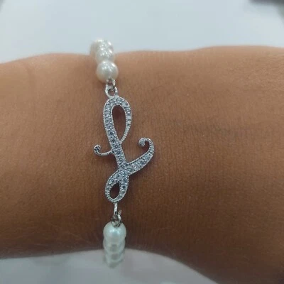 BRACCIALE PERLE DI 4MM LETTERA ( L ) IN ARGENTO 925 RODIATO IN ORO BIANCO 18KT - Immagine 1 di 2