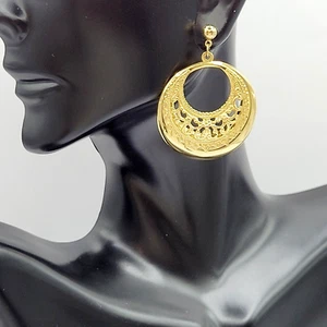 Filigree 2 Layer Round Flat Hoop Dangle Ornate Gold Tone Pierced 1990s Earrings - Picture 1 of 24
