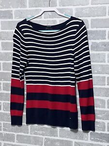 Tommy Hilfiger Women’s Large Blue Red Striped Long Sleeve Boatneck Sweater