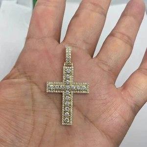 2Ct Round Cut Simulate Diamond HaloCross Pendant Charm in 14K Yellow Gold Plated - Picture 1 of 4